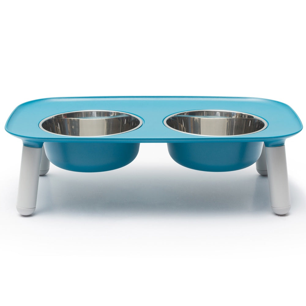 Messy Mutts Adjustable Elevated Double Feeder With Stainless Steel Dog Bowls (Blue)