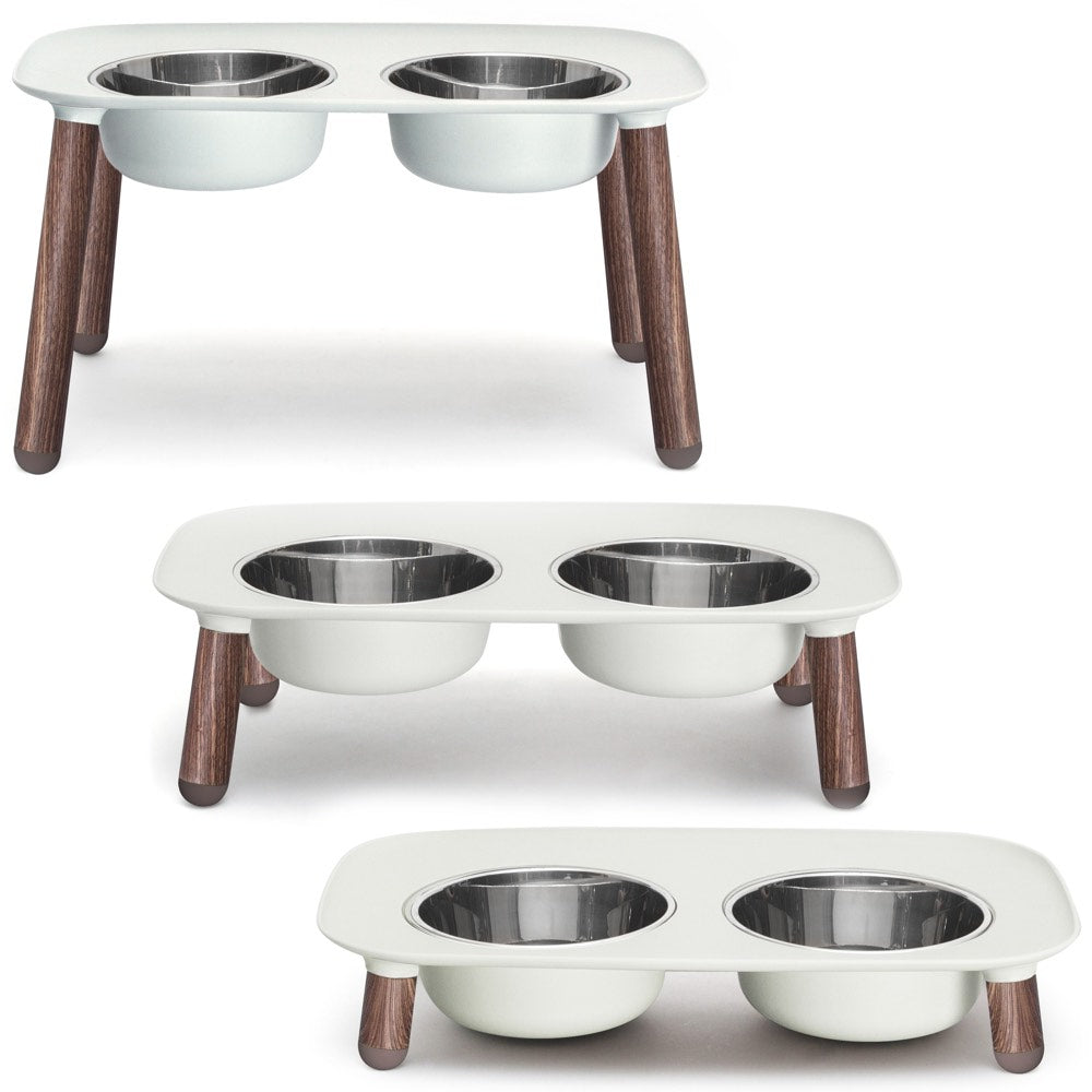 "Messy Mutts Adjustable Elevated Double Feeder With Stainless Steel Dog Bowls (Light Grey, Faux Wood Legs)"