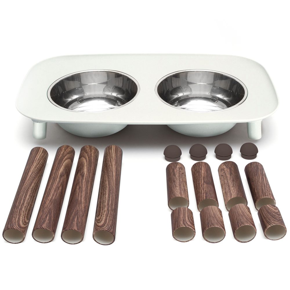 "Messy Mutts Adjustable Elevated Double Feeder With Stainless Steel Dog Bowls (Light Grey, Faux Wood Legs)"