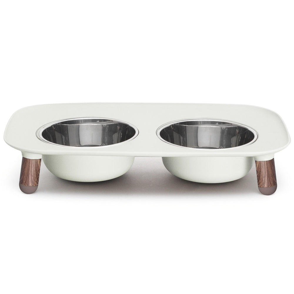 "Messy Mutts Adjustable Elevated Double Feeder With Stainless Steel Dog Bowls (Light Grey, Faux Wood Legs)"