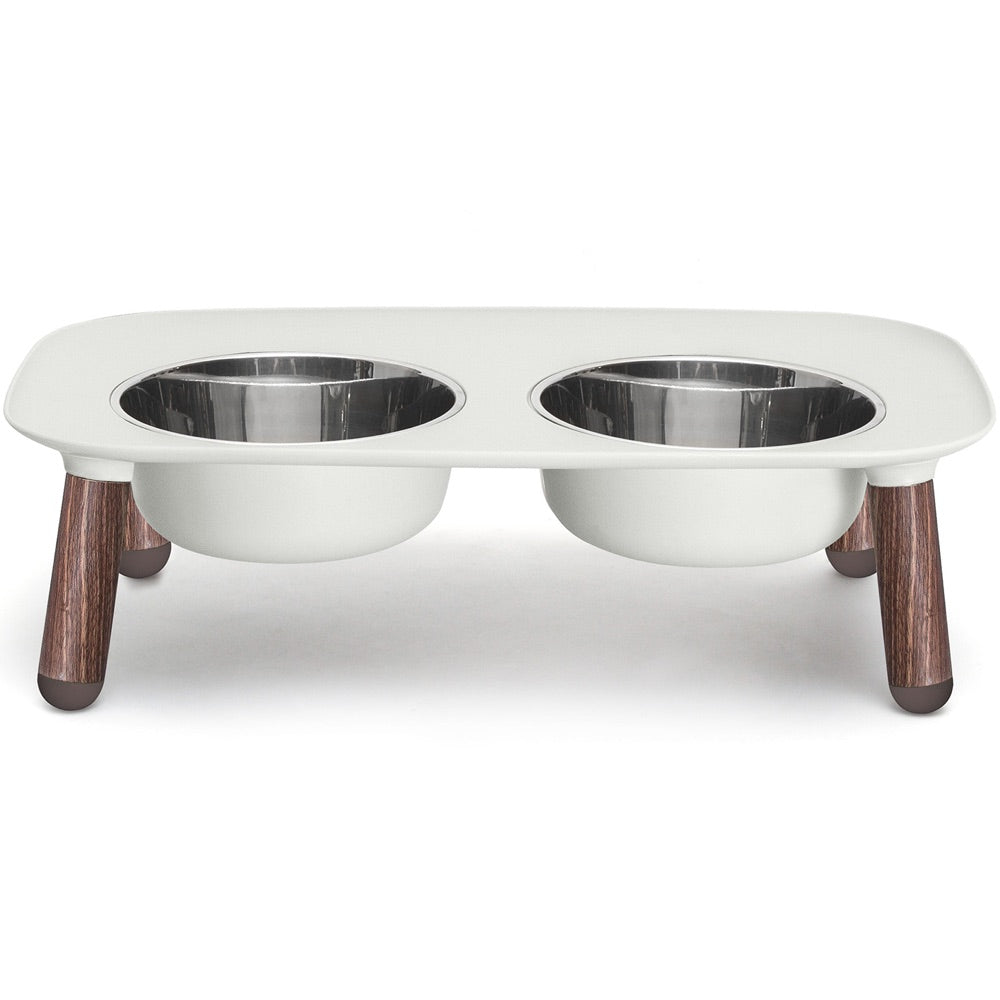 "Messy Mutts Adjustable Elevated Double Feeder With Stainless Steel Dog Bowls (Light Grey, Faux Wood Legs)"