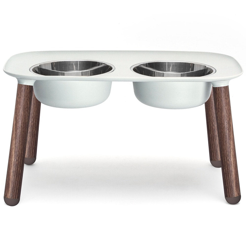 "Messy Mutts Adjustable Elevated Double Feeder With Stainless Steel Dog Bowls (Light Grey, Faux Wood Legs)"