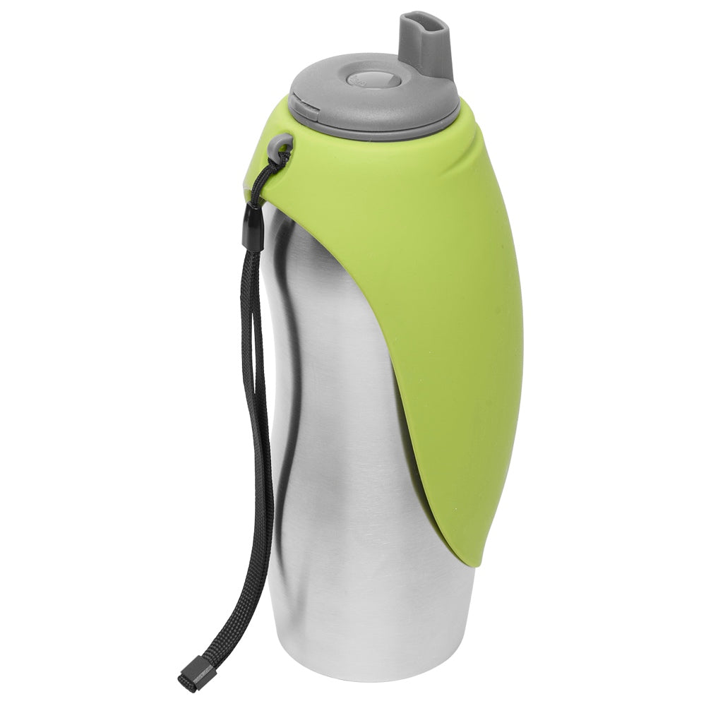 Messy Mutts Stainless Steel Travel Dog Water Bottle With Silicone Flip Up Bowl (Green)